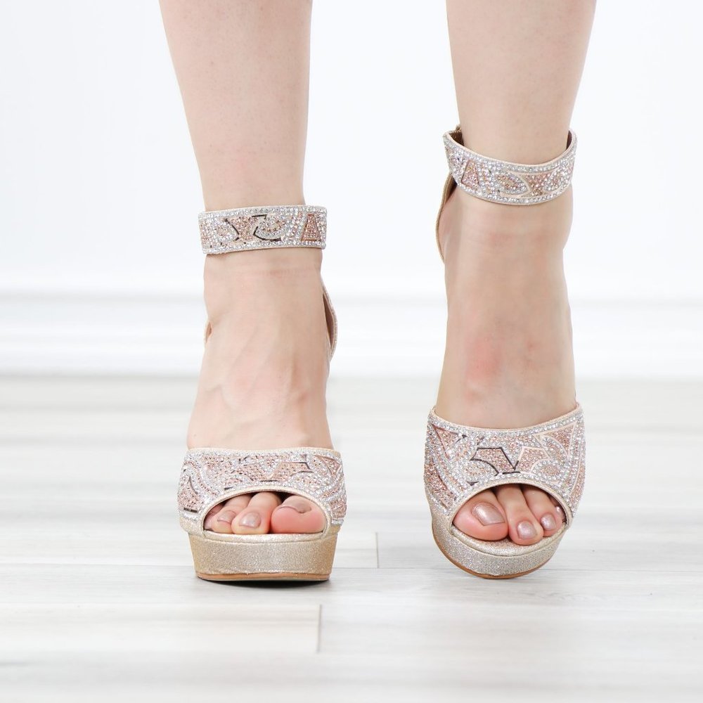 Sparkly Rhinestone Glitter Diamond Platform Ankle Bracelet Open Toe High Heel - Picture 8 of 11